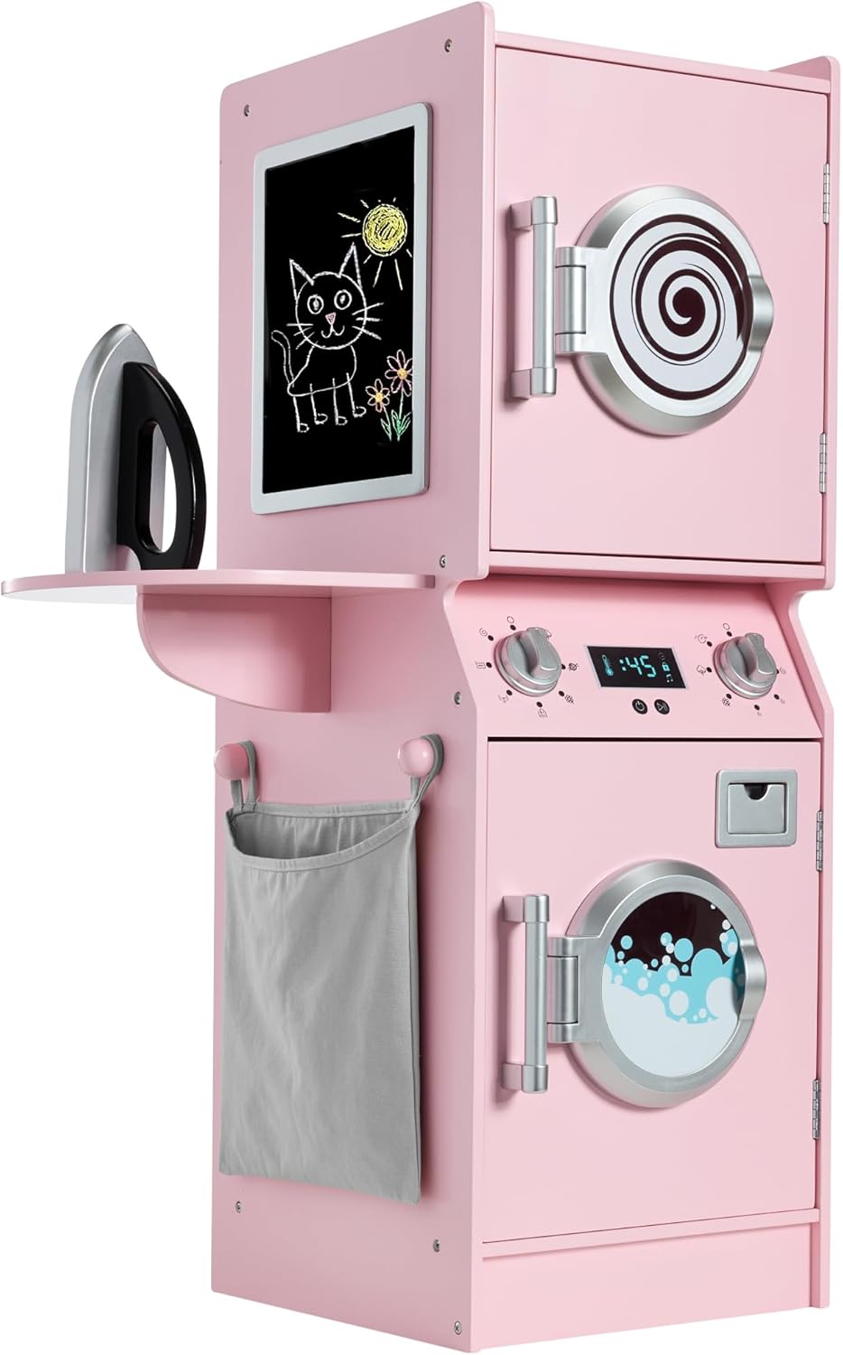 Best Choice Products Pretend Play Kids Wooden Stacked Washer & Dryer Set with Toy Laundry Storage, Space-Saving Design, with Accessories - Pink