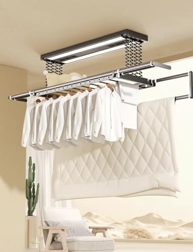 Ceiling Clothes Dryer Aluminium and Steel Electric Clothes Dryer with Remote Control,Electric Retractable Clothes Drying Rack, Ceiling Mounted with LED Light & Remote for Space Saving Laundr