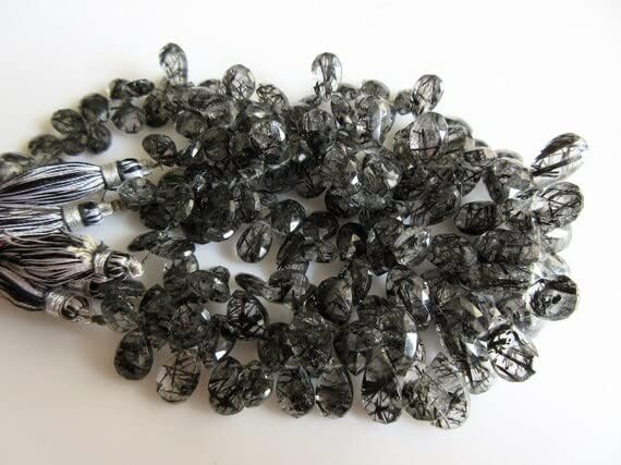 3 Strands Black Rutilated Quartz Pear Bead, Briolette Beads, Faceted Beads, 15mm to 9mm Each, 8 Inch Strand