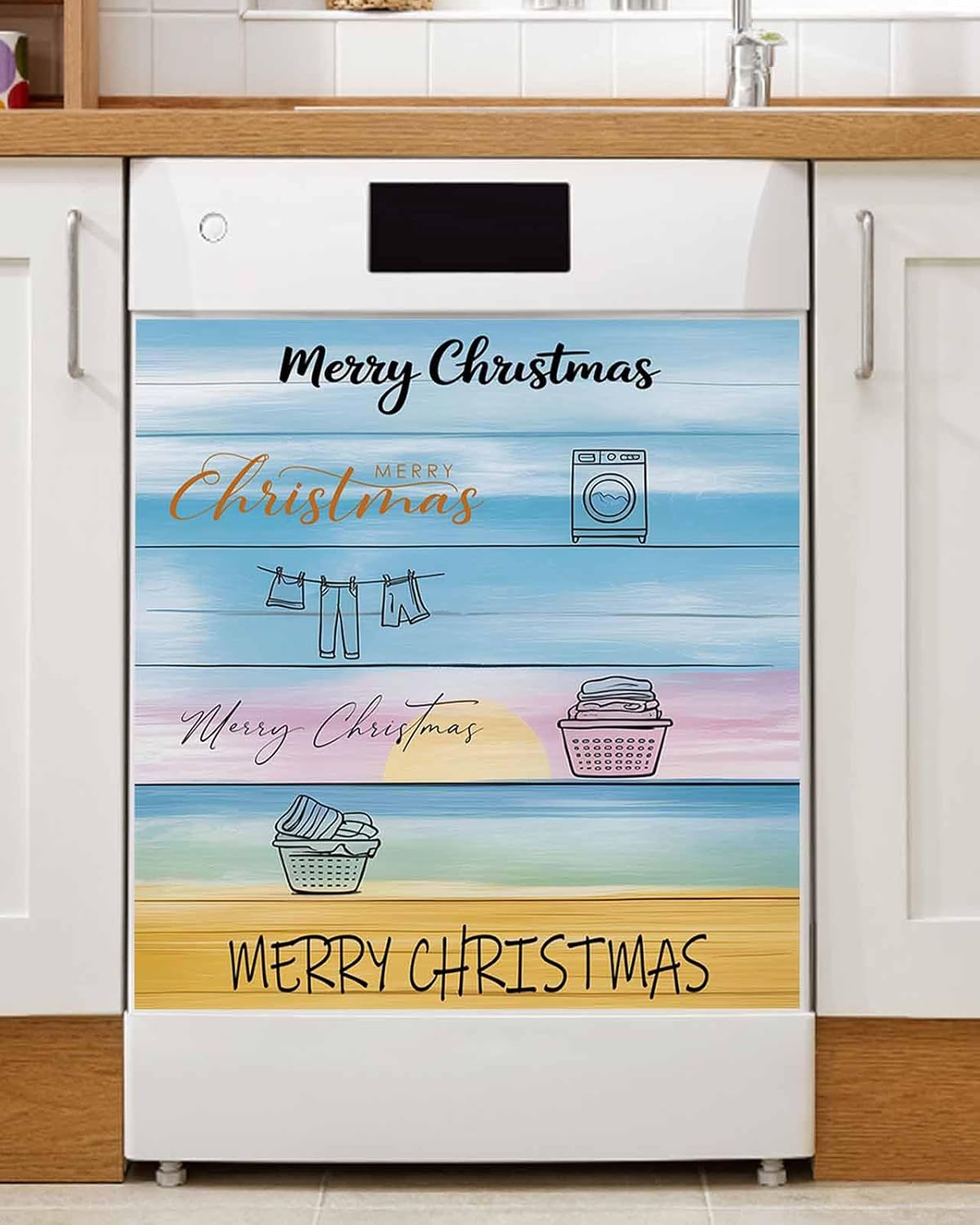 Dishwasher Magnet Cover, Merry Christmas Dishwasher Lid Magnetic Kitchen Sticker, Blue Wood Clothes Laundry Room Washing Machine Refrigerator Magnet Covers Decal Fridge Kitchen Appliance 23''x26''
