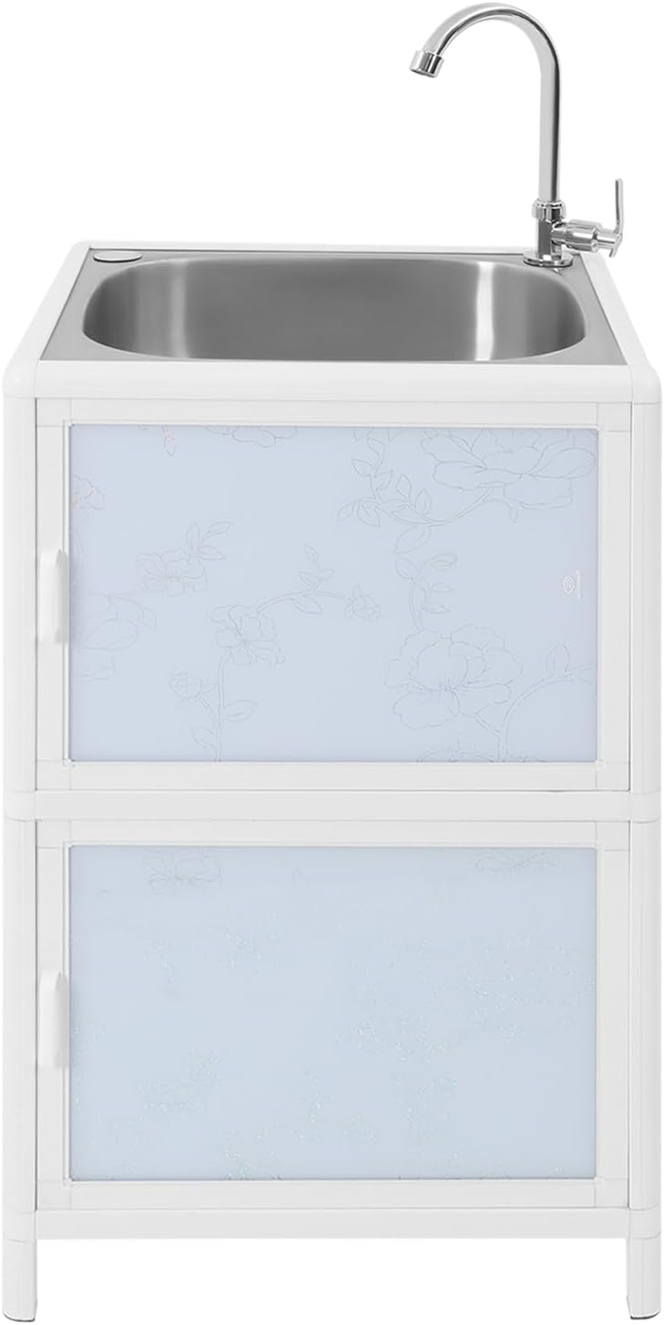 18in Kitchen Sink with Cabinet, Stainless Steel Single Bowl Utility Sinks with Faucet, Small Freestanding Sink Storage Combo for Laundry & Utility Room, Kitchen, Bathroom