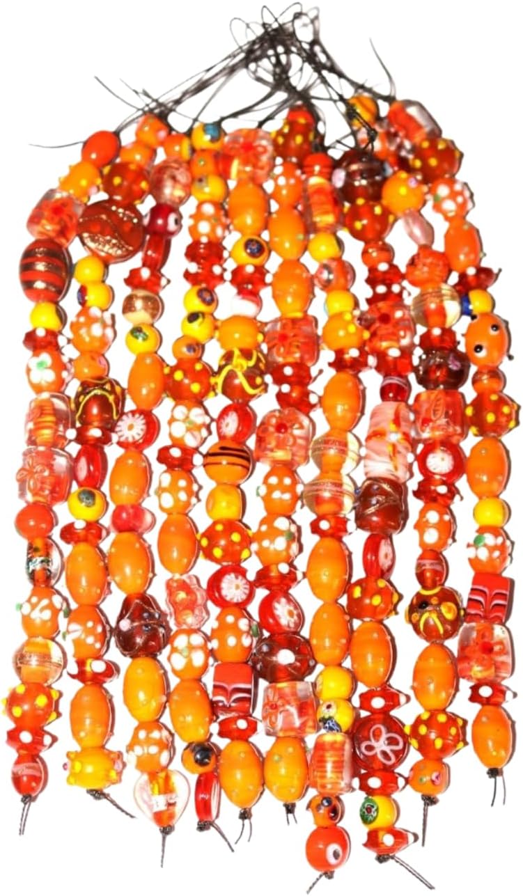Handcrafted Orange Lampwork Glass Beads | Multi-Shape Fancy Assorted Beads Mix | Available in 40 Strands | Artistic Handmade Beads for Jewelry Making, DIY Crafts.