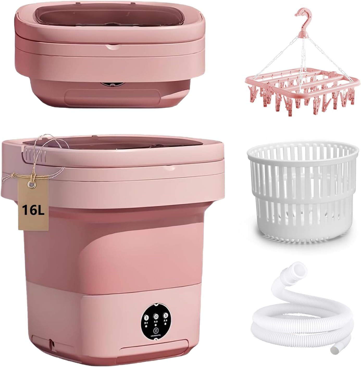 Portable Washing Machine 16L Foldable Mini Washer with Spin Basket, Drying Rack&Drainage Pipe – Compact Collapsible Laundry Set for Small Clothes, Space-Saving Washer for Apartments, Dorms, Travel&RV