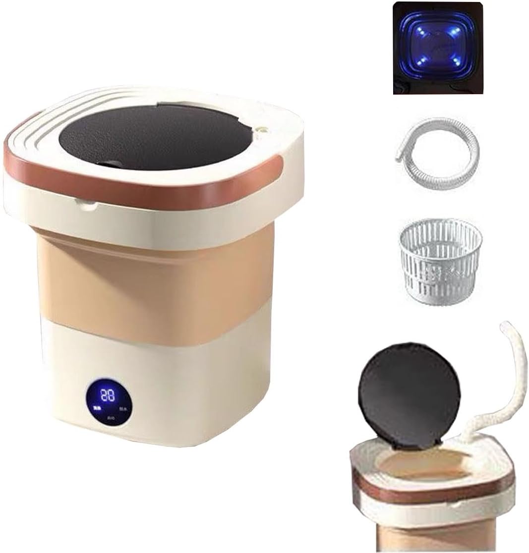 2 In 1 Mini Washer And Dehydrator Combo 8x8x12in Foldable Washing Machine 16L Capacity For Laundry, Dorms, College, RV, Hotels, Home Camping(Khaki)