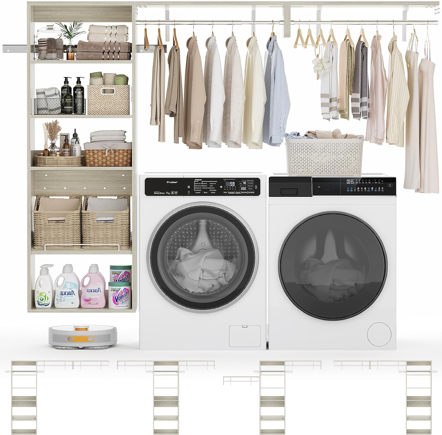 Unikito Over Washer and Dryer Storage Shelf, 8FT Wall Mounted Laundry Room Organizer, Space Saver Clothes Drying Rack with Hanger Rod, Heavy-Duty Closet System with Adjustable Shelves, White Oak