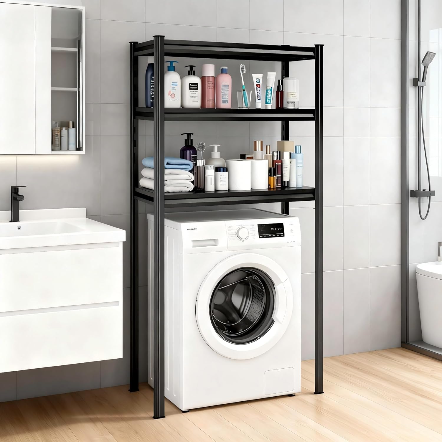 Height-Adjustable Bathroom & Laundry Storage Shelf, 3-Tier Metal Organizer Rack for Washer Dryer, Sturdy Shelving Unit for Bathroom Essentials, 63 x 35.4 x 15.7 Inches