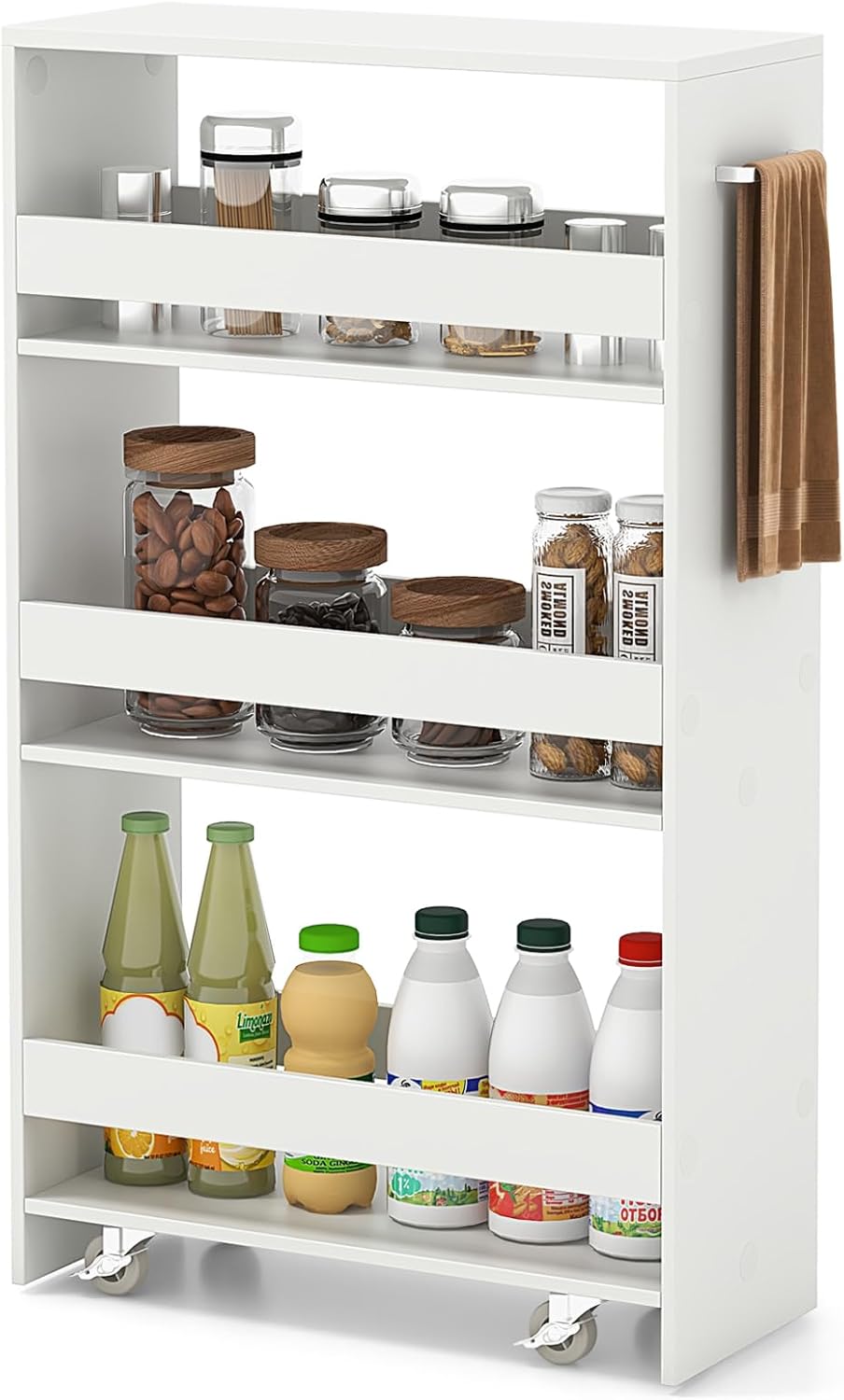 Giantex 4 Tier Rolling Slim Storage Cart, 8” Narrow Slide Out Kitchen Cart w/Handle & Open Shelves, Space-Saving Compact Mobile Utility Trolley for Small Space Laundry Room (White)