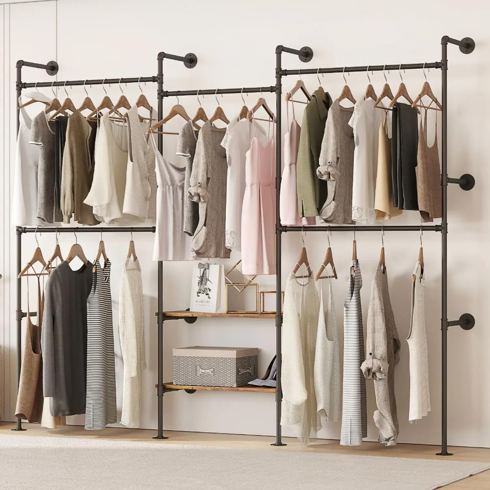 Industrial Pipe Clothes Rack,Wall Mounted Closet Wardrobe Rack, Corner L Shaped Walk-in Closet System, 2 Installation Methods (Black, 80