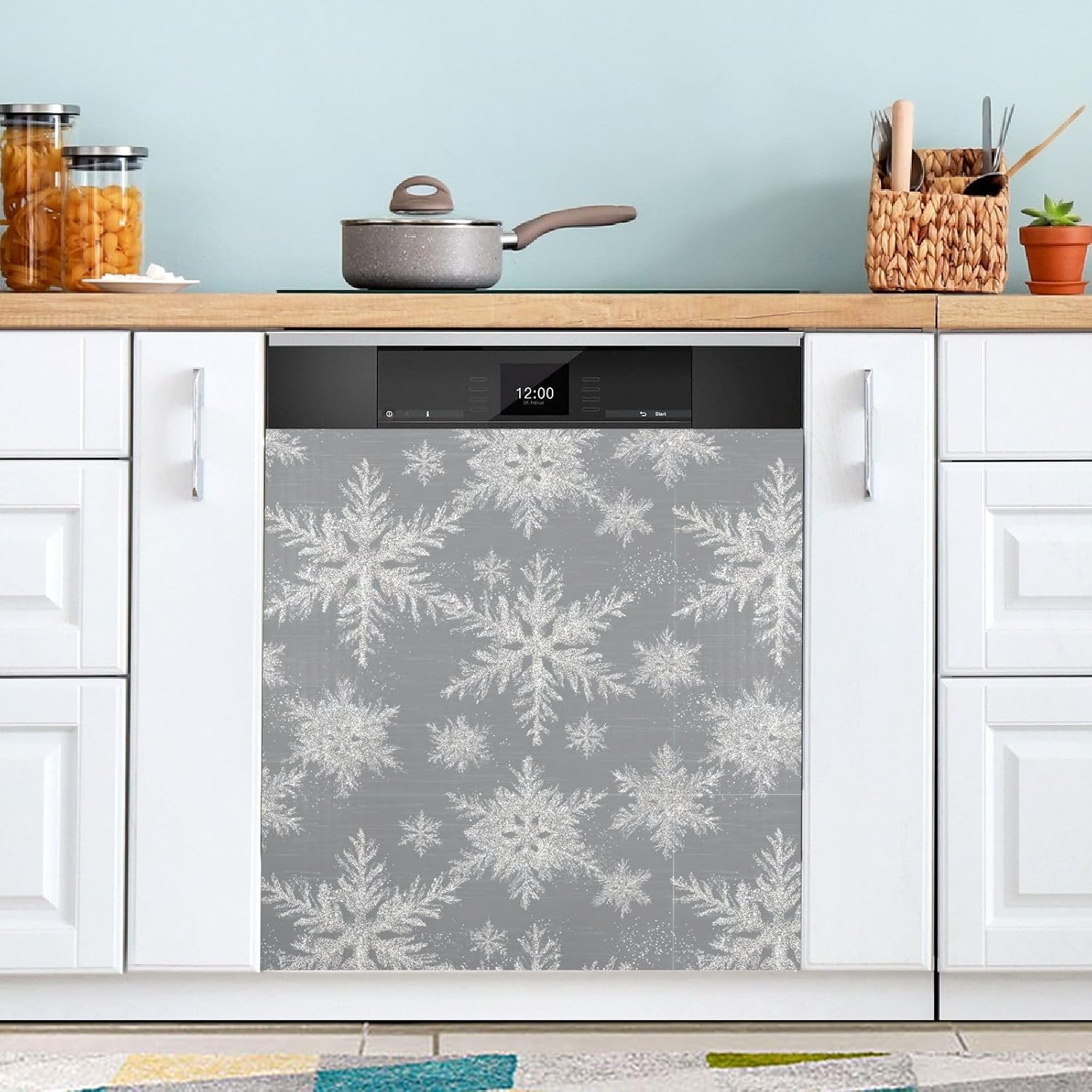 Pfrewn Christmas Winter Magnetic Dishwasher Cover Winter White Snowflake Grey (1) Fridge Door Covers Kitchen Decal Vinyl Panel Decorative Refrigerator Laundry Appliances 23x26in