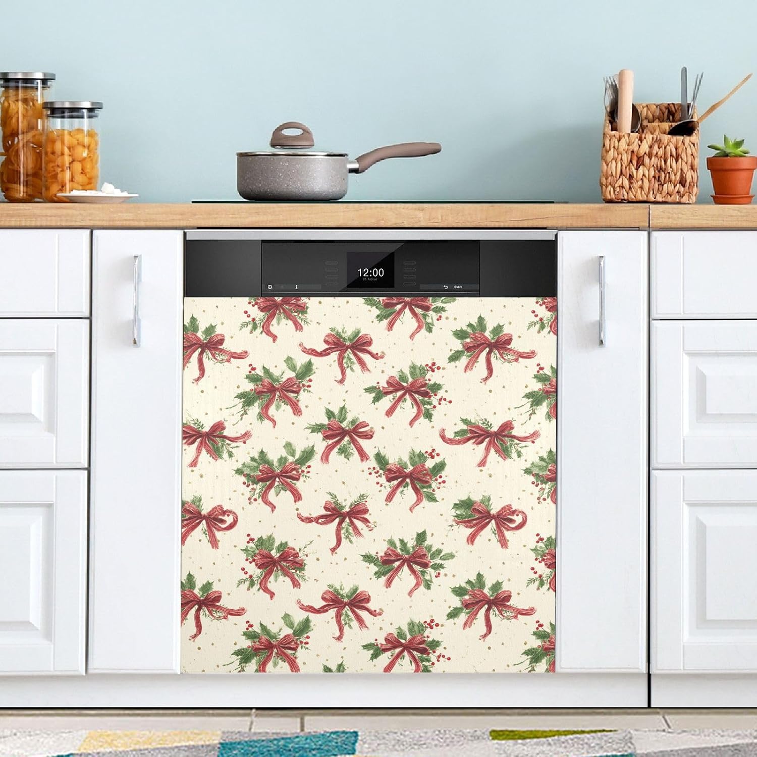 Pfrewn Christmas Winter Magnetic Dishwasher Cover Christmas Bow Red Berry Fridge Door Covers Kitchen Decal Vinyl Panel Decorative Refrigerator Laundry Appliances 23x26in