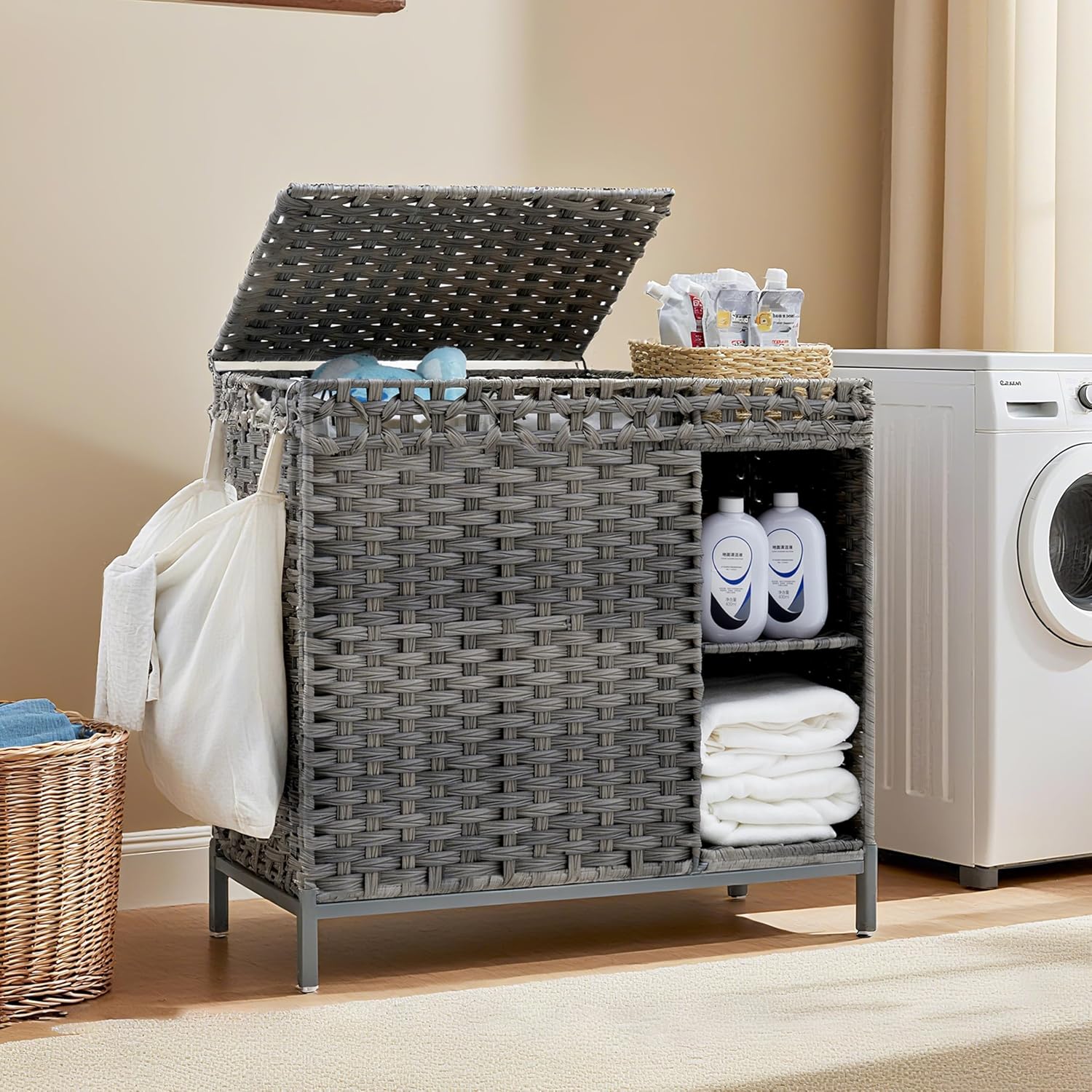Laundry Hamper with Lid, 110L (29.1 Gal) Rattan Laundry Hamper 2 Section with 50L (13.2 Gal) Storage Shelf, Wicker Woven Laundry Sorter Basket with 3 Liner Bags and Handles, Gray GLH002G