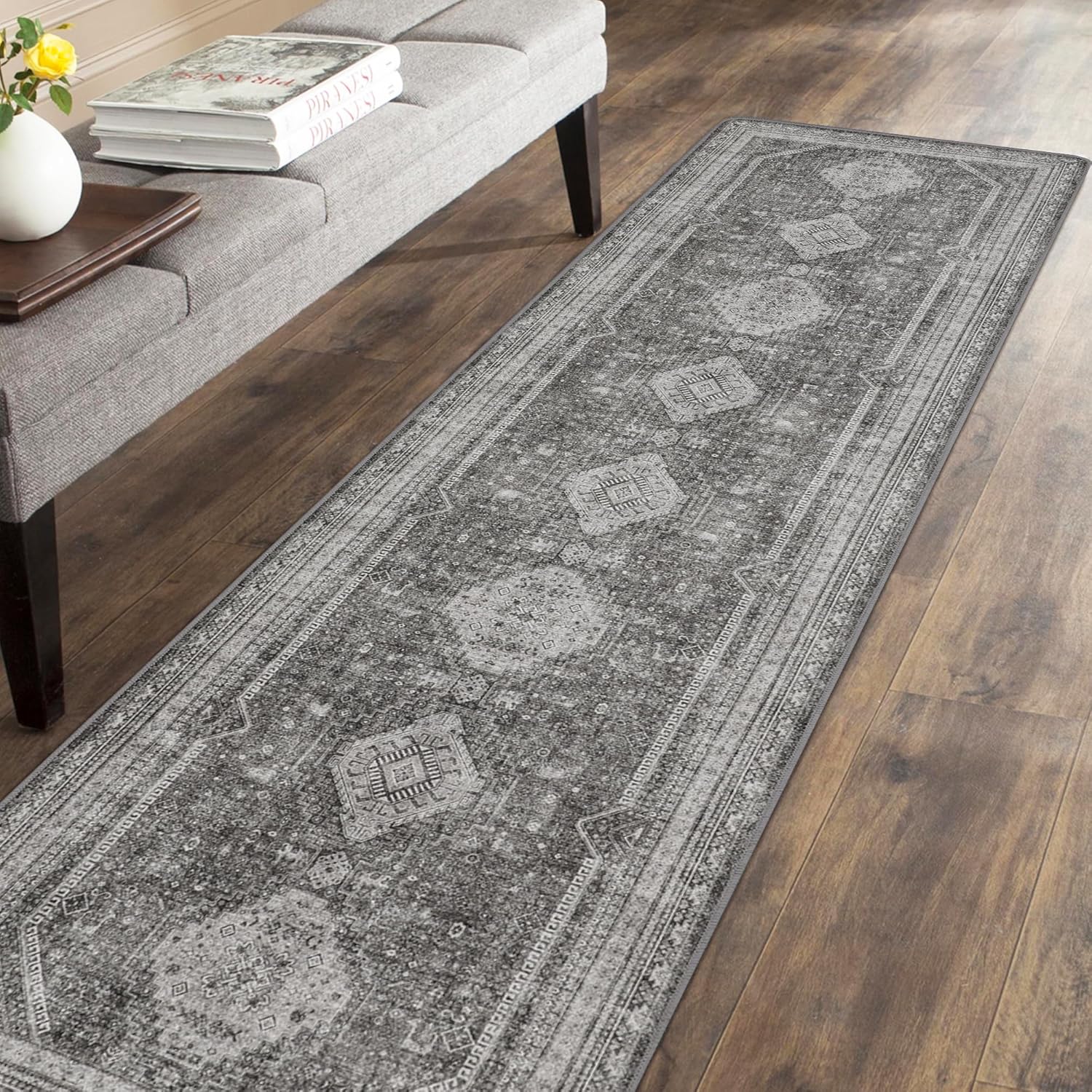GENIMO 2'6''x10 Non Slip Hallway Runner Rug, Machine Washable, Thin & Low Pile Lightweight for Kitchen, Laundry, Entryway, Bedroom & Living Room, Gray