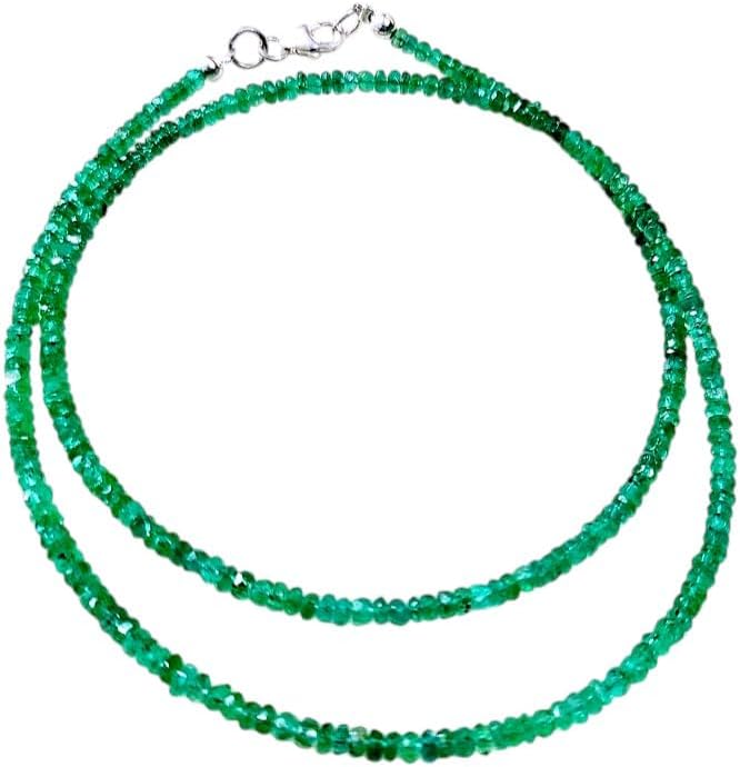 SPARKLE GEMS & JEWELS Natural Zambian Emerald Beaded Necklace – AAA+ Faceted 3-4mm Rondelle Gemstone Beads with 925 Sterling Silver Clasp – May Birthstone Healing Crystal Jewelry