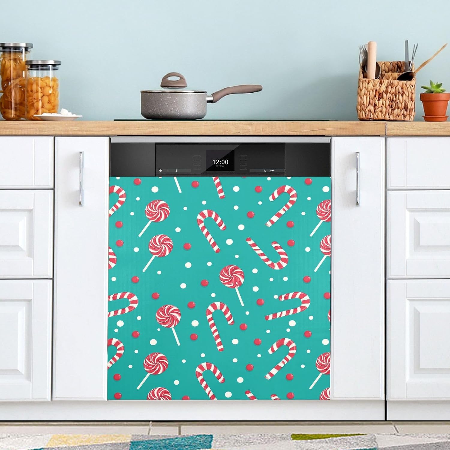 Pfrewn Christmas Winter Magnetic Dishwasher Cover Candy Cane Lollipop Teal (1) Fridge Door Covers Kitchen Decal Vinyl Panel Decorative Refrigerator Laundry Appliances 23x26in