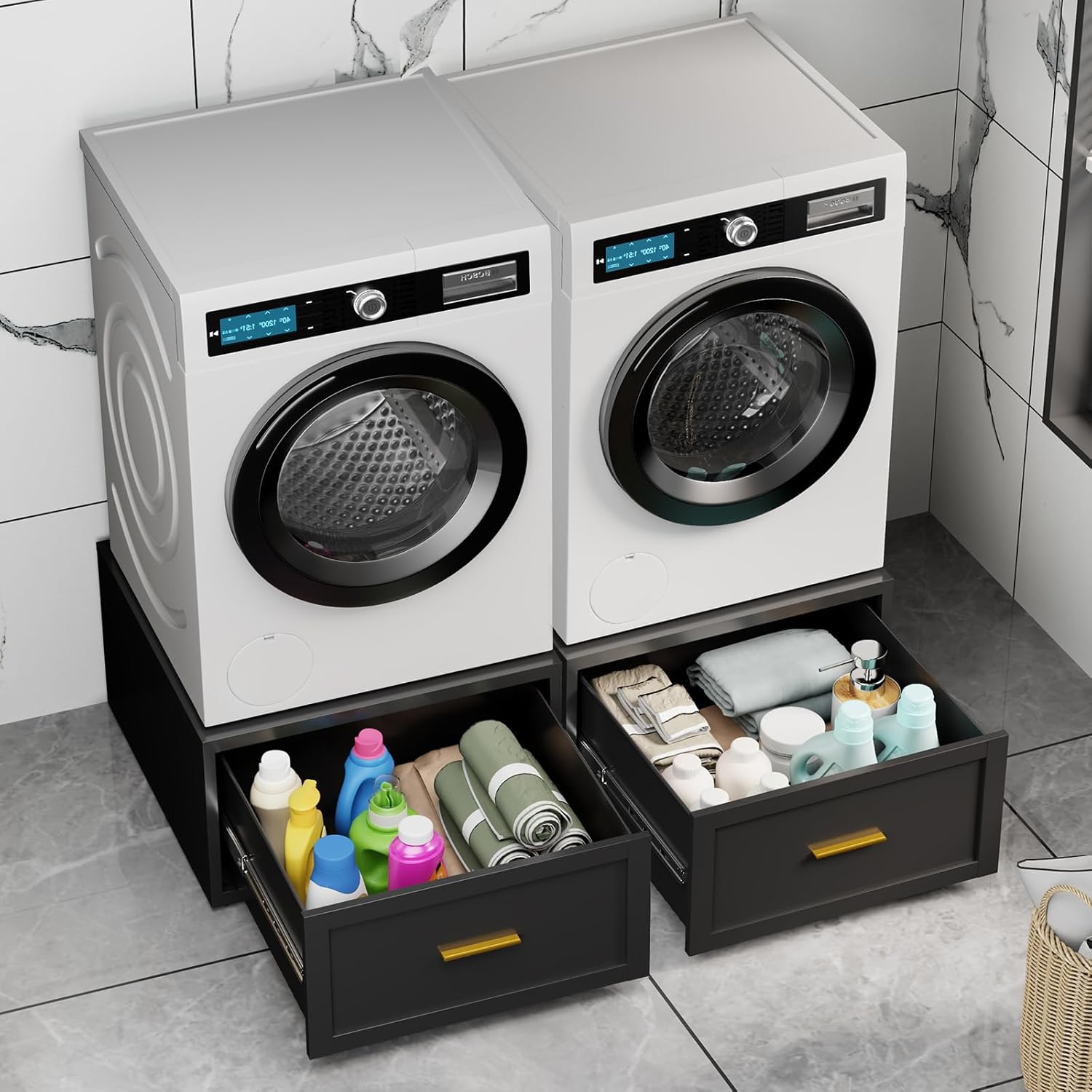 2 Pack Metal Washer and Dryer Pedestal, 28''W Heavy Duty Washing Machine Base Stand with Storage Drawer, Universal Fit Anti-Vibration Laundry Pedestal for Washer and Dryer, 440 LBS Capacity