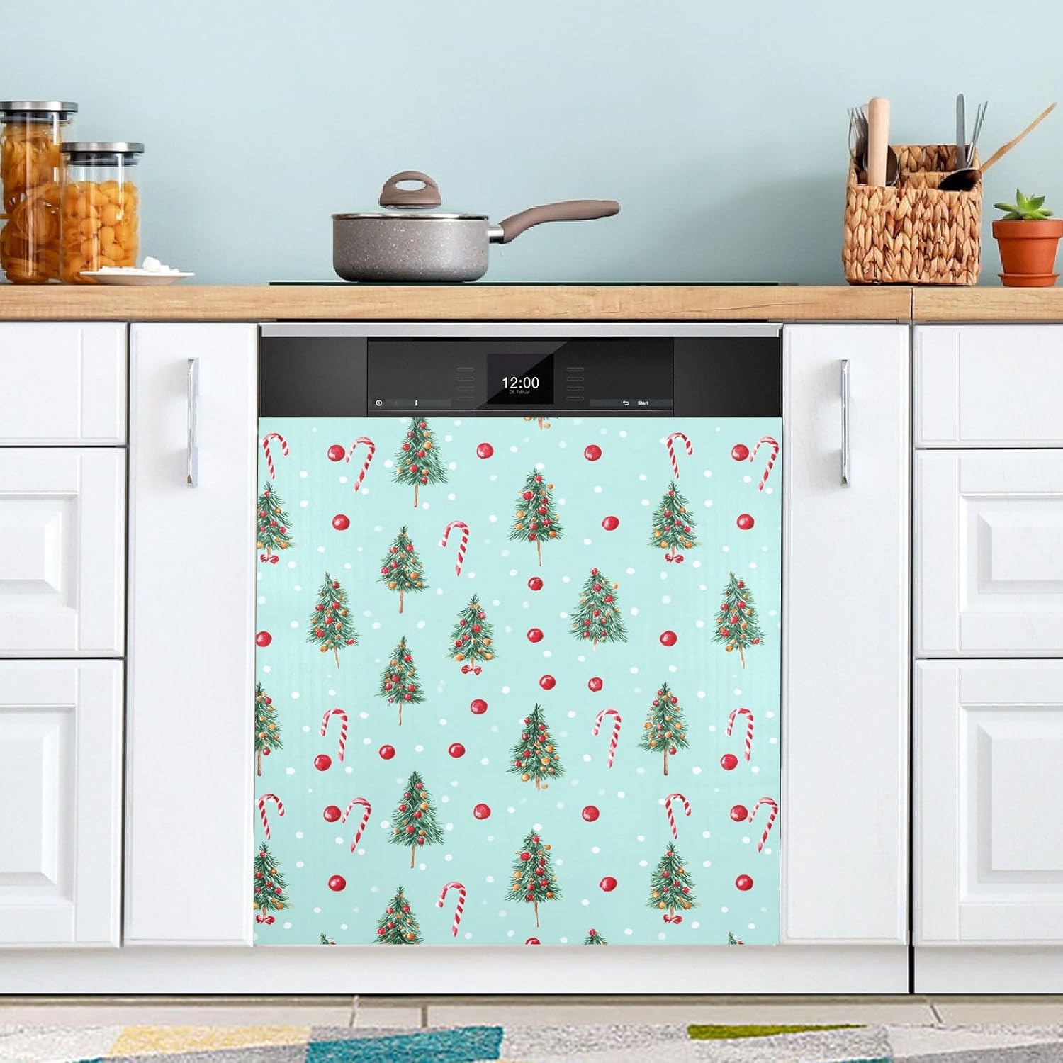 Pfrewn Christmas Winter Magnetic Dishwasher Cover Decorated Christmas Trees Candy Cane (2) Fridge Door Covers Kitchen Decal Vinyl Panel Decorative Refrigerator Laundry Appliances 23x26in
