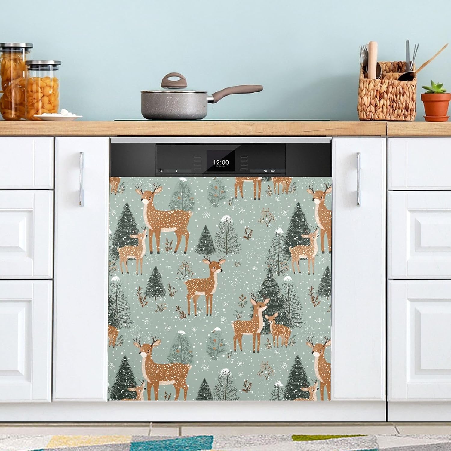 Pfrewn Christmas Winter Magnetic Dishwasher Cover Cute Deer Winter Forest Tree (1) Fridge Door Covers Kitchen Decal Vinyl Panel Decorative Refrigerator Laundry Appliances 23x26in
