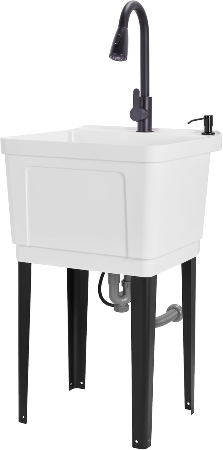 Jumbl Freestanding Utility Sink with Pull-Down Faucet | Laundry Room Tub with Gooseneck Sprayer, Single Handle Flow Control, Soap Dispenser, Drain Plug & Heavy-Duty Iron Legs with Levelers | White