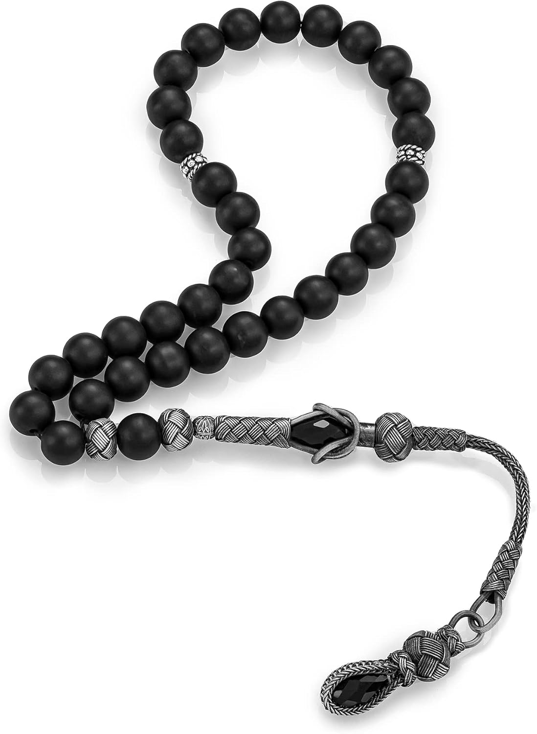 1000 Ct Silver Turkish Kazaz Matte Onyx Islamic 33 Prayer Beads Tasbeeh Rosary