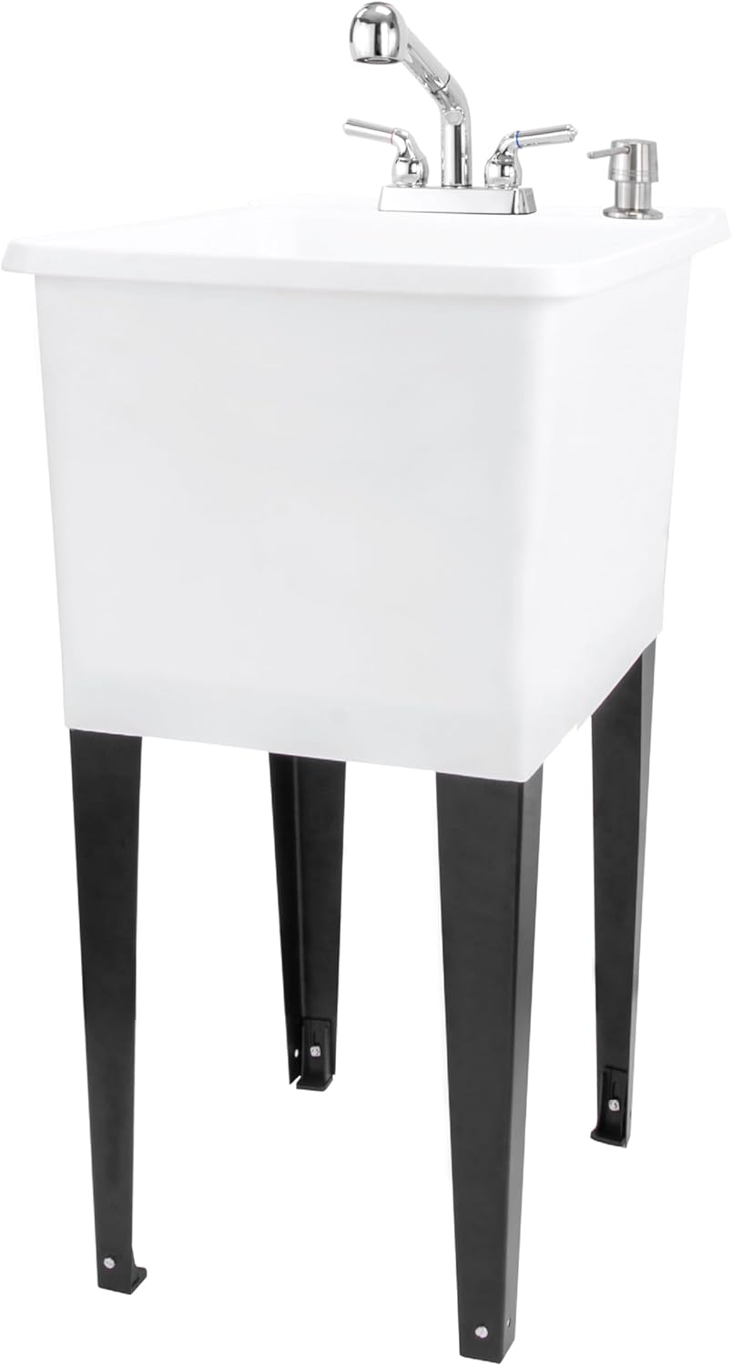 Space Saver Utility Sink by JS Jackson Supplies, Pull-Out Faucet, Soap Dispenser, White Tub with Chrome Plated Faucet