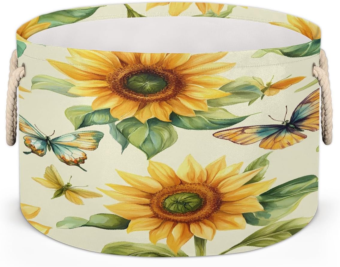 Vintage Sunflowers Butterflies Round Storage Basket Laundry Hamper Collapsible Laundry Basket with Handles Large Canvas Storage Bin for Clothes Toys Nursery Bedroom Closet Organizer