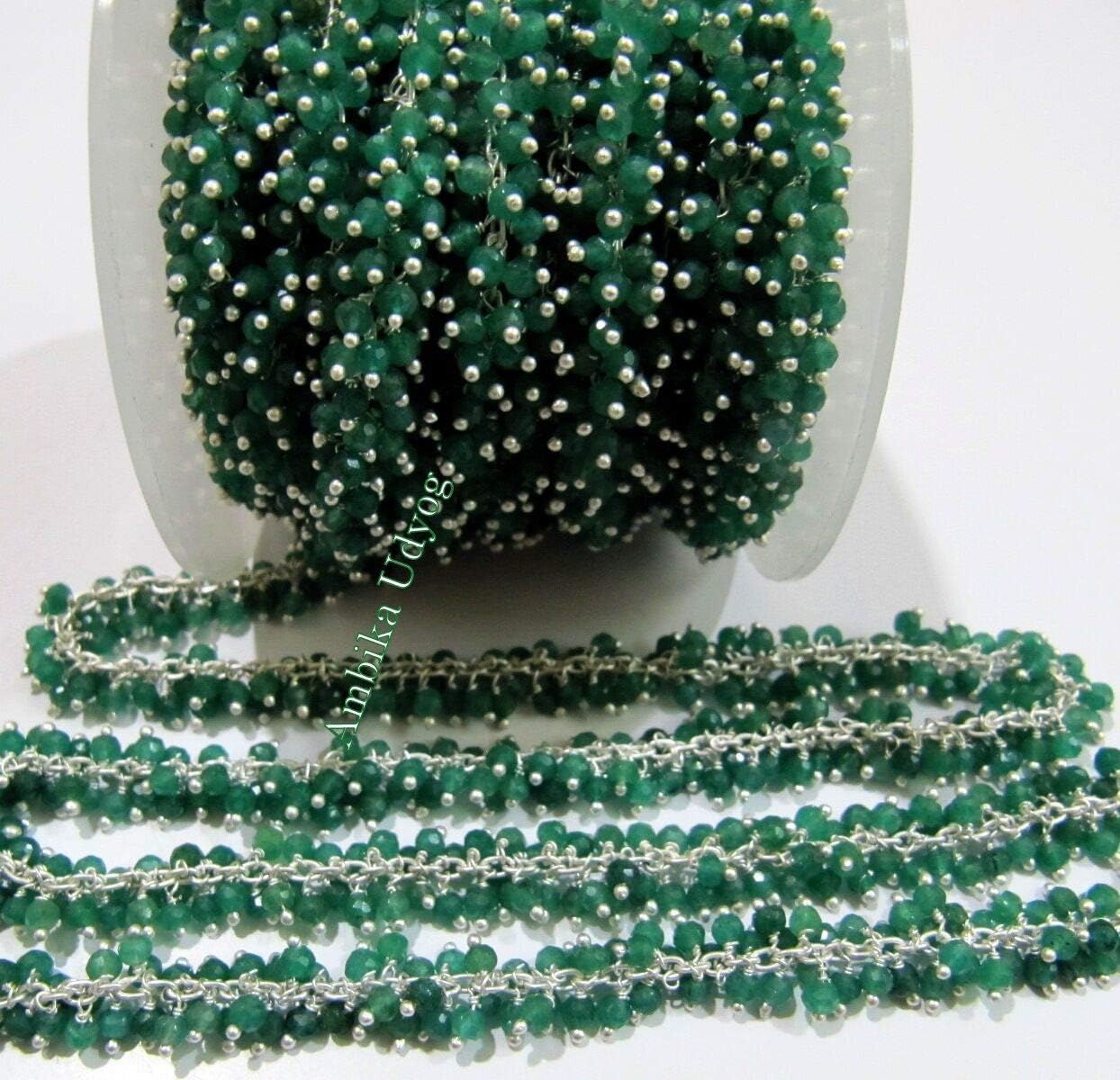 3 Feet AAA Quality Emerald Dangling Rosary Chain Silver Plated-Cluster Beaded Chain