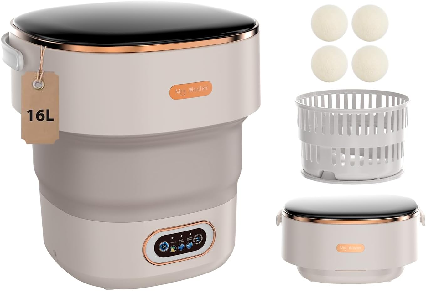 Portable Washing Machine，16L Foldable Mini Washer Machine with Spin Basket Laundry，Collapsible Small Underwear Washer Machine with 3 Cleaning Modes for Apartment Home Hotel Camping (Khaki)