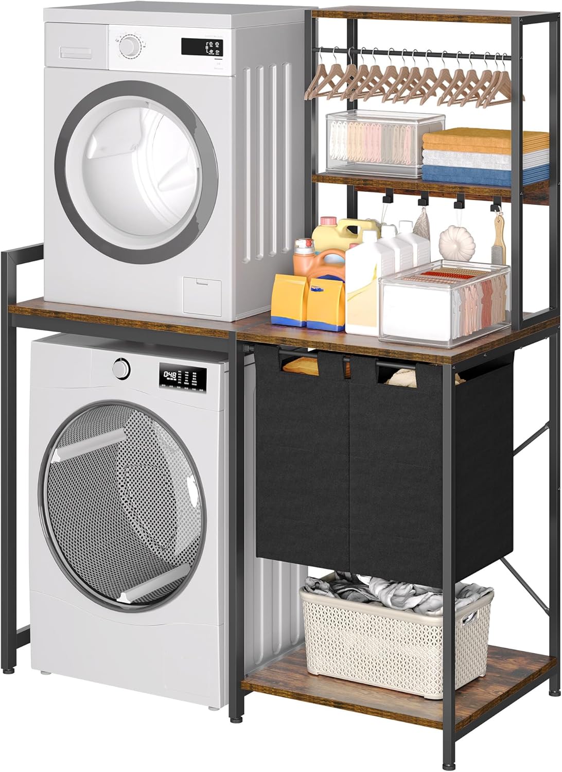 DWVO Over Washer and Dryer Shelves, Laundry Room Organization with Removable Pull-Out Hamper, Hanging Rods, Metal Hooks, Heavy-Duty Laundry Countertop with Non-Tipping Kits, Retro Color