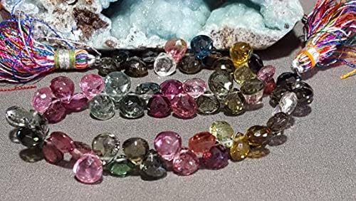 Natural Multi Color Tourmaline Faceted Heart Shape Briolette Beads, 9 in Strand, 6.5mm x 6.8mm