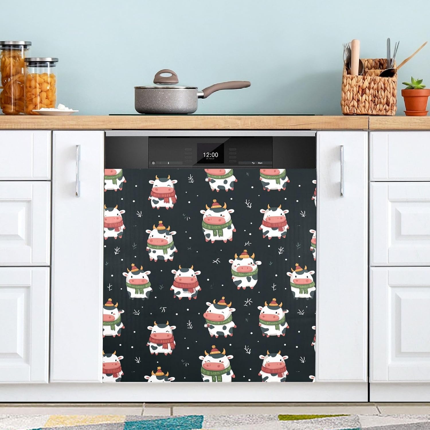 Pfrewn Christmas Winter Magnetic Dishwasher Cover Xmas Christmas Cute Cows (1) Fridge Door Covers Kitchen Decal Vinyl Panel Decorative Refrigerator Laundry Appliances 23x26in