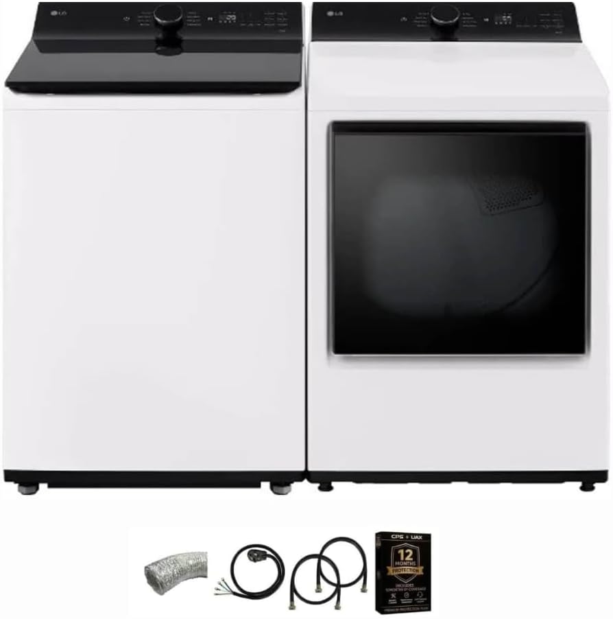 LG Matte Black Mega Capacity Top Load Washer and Dryer Pair with TurboWash Technology SmartThinQ WiFi Connectivity Steam Dry Sensor Dry Dryer Vent Power Cable and 12 Month CPS Protection Plan (White)