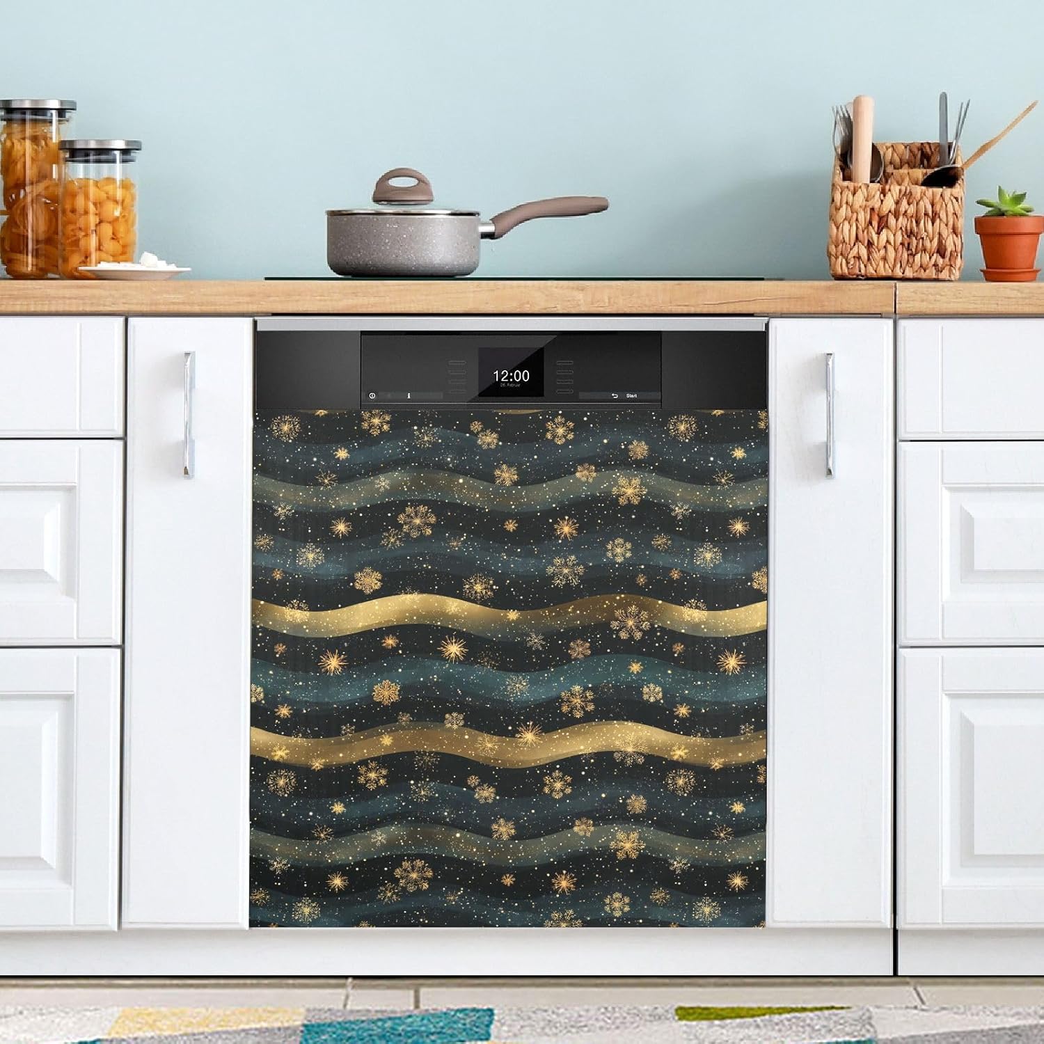 Pfrewn Christmas Winter Magnetic Dishwasher Cover Striped Wave Winter Gold Snowflakes (2) Fridge Door Covers Kitchen Decal Vinyl Panel Decorative Refrigerator Laundry Appliances 23x26in