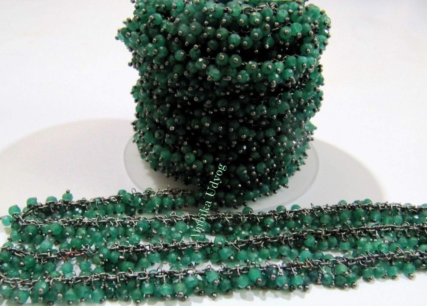 3 Feet Emerald Dangling Rosary Chain Black Plated- Cluster Beaded Gemstone Chain
