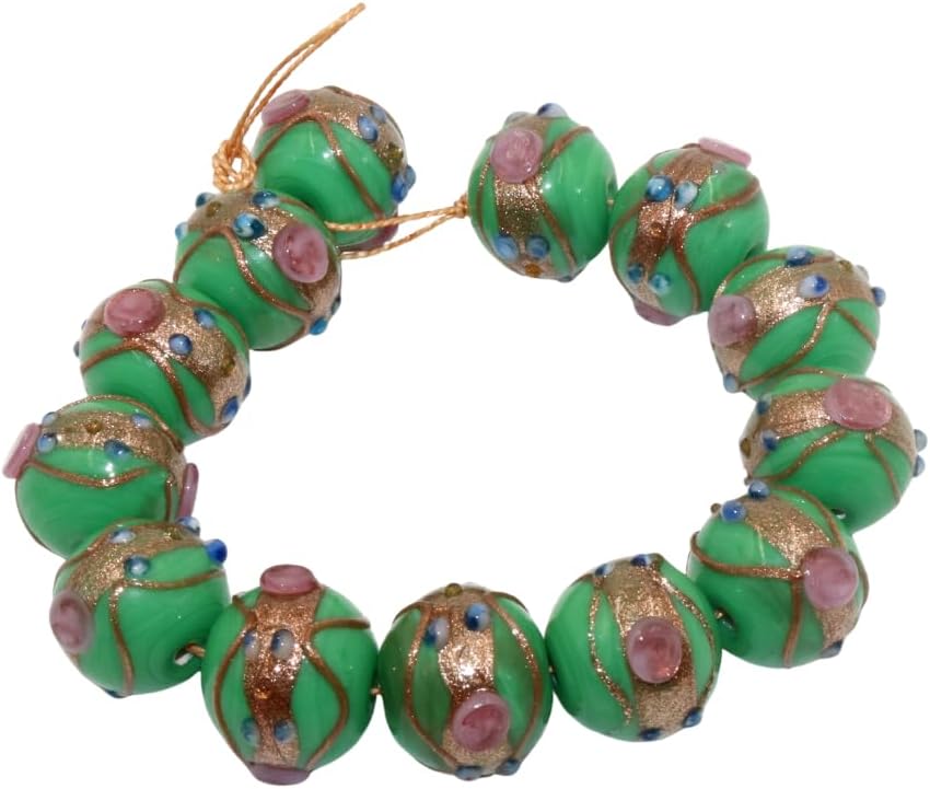 Handcrafted Green & Golden Dual Tone Lampwork Glass Beads | 16mm Round Loose Beads | Available in 10 Strands | Artistic Beads for Jewelry Making, DIY Crafts & Decoration