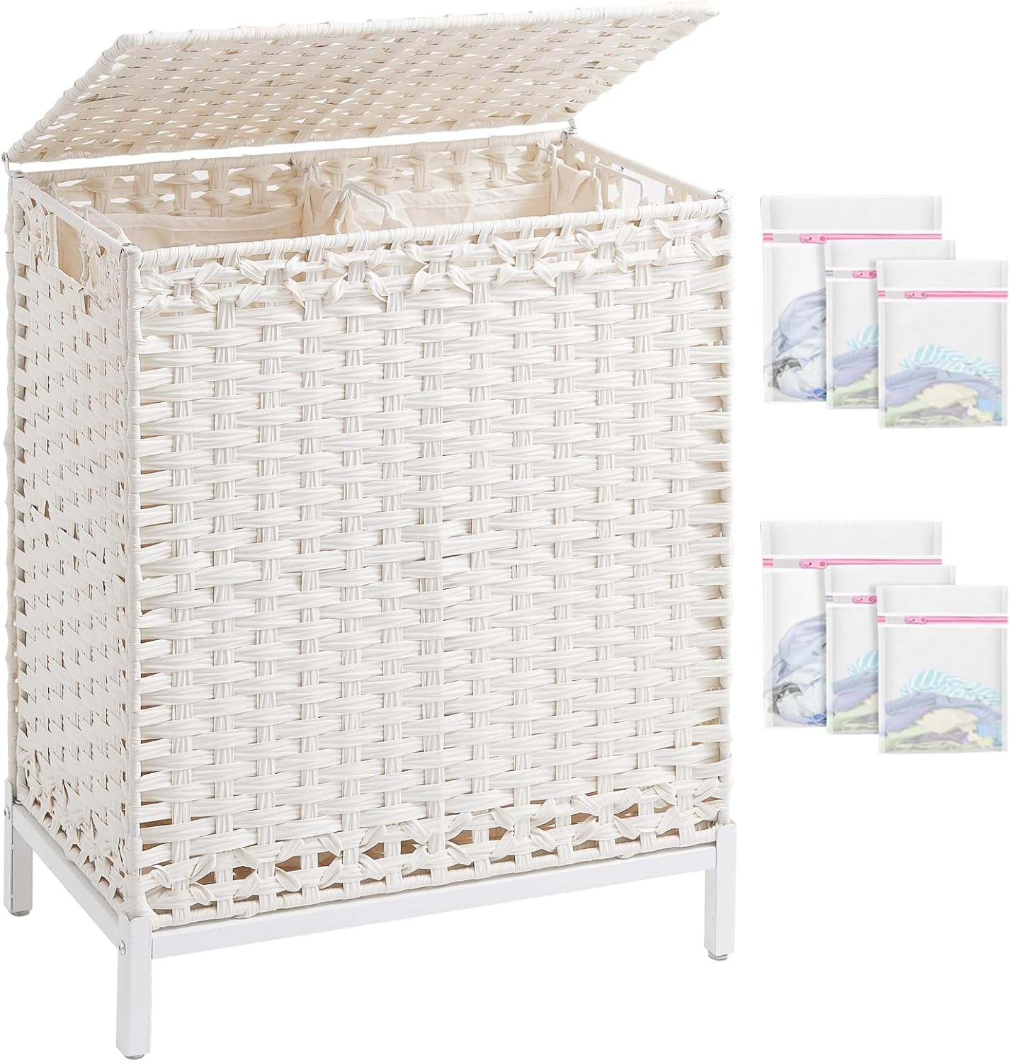 Laundry Hamper with Lid, 112 L Handwoven Rattan Wicker Laundry Basket, 2 Removable Liner Bags Metal Heightened Feet, 6 Mesh Bags, 2 Section Large Clothes Hamper for Bathroom Bedroom, White