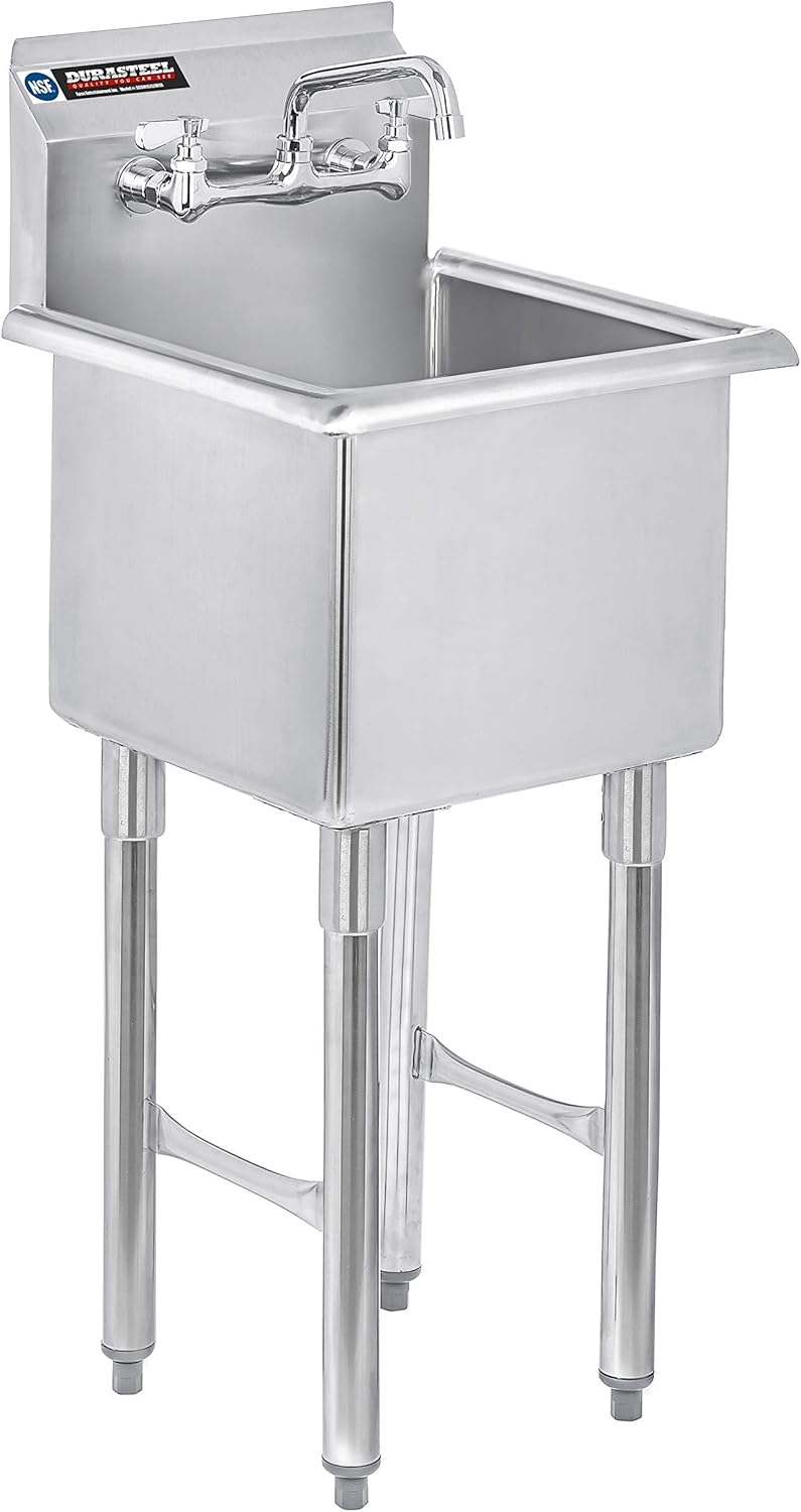 DuraSteel 304 Stainless Steel Utility Sink - 15 Inch Freestanding Prep Sink with Faucet - Dual CEC & NSF Certified Wash Station for Kitchen, Laundry, Garage & Restaurant