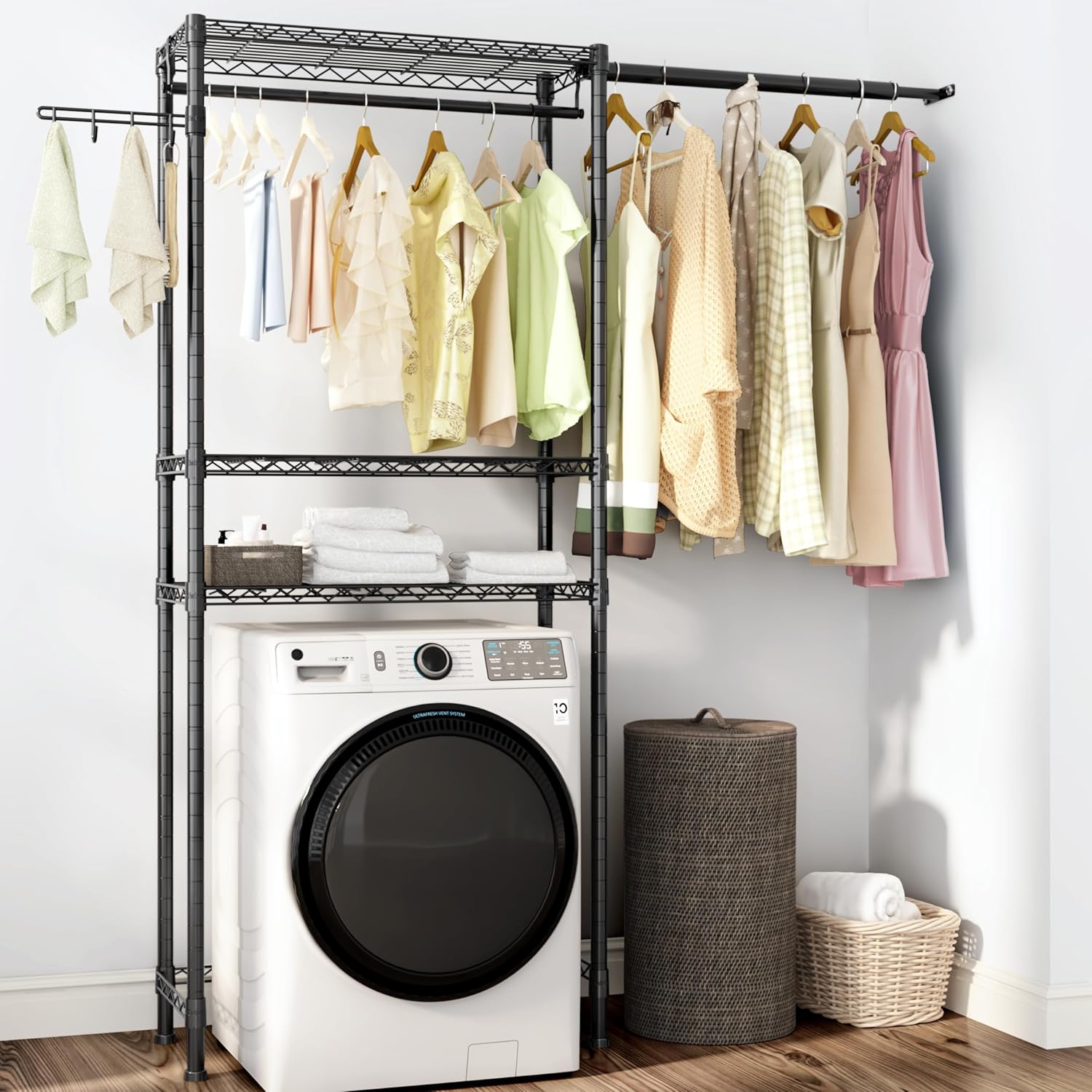 Over Washer and Dryer Shelves,3 Tier Adjustable Wire Shelving Laundry Room Storage Organization Clothes Drying Rack with Mounted on the Wall Expandable Hanger Rods&Hook,55