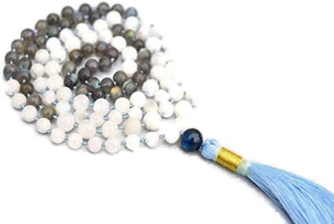 Rainbow Moonstone Labradorite 108 Beads Necklace, Tessel Prayer Beads Mala, Yoga Mala, Blessing Spiritual Ferility Jewelry Gifts, Moonstone Rosary