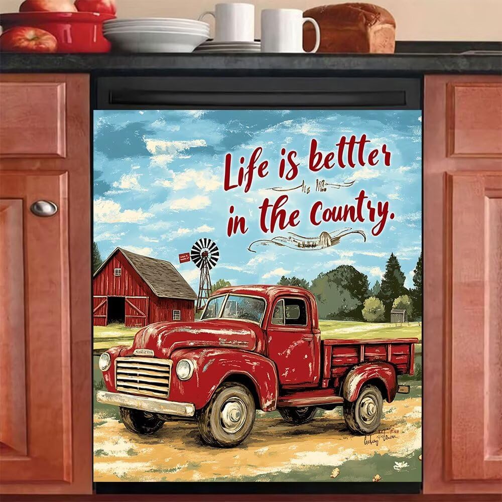 Farm Red Truck Magnetic Dishwasher Cover Kitchen Decorative Farm Red Barn Magnet Fridge Door Covers Decal Life is Better in The Country Vinyl Panel Refrigerator Laundry Appliances 23x26in