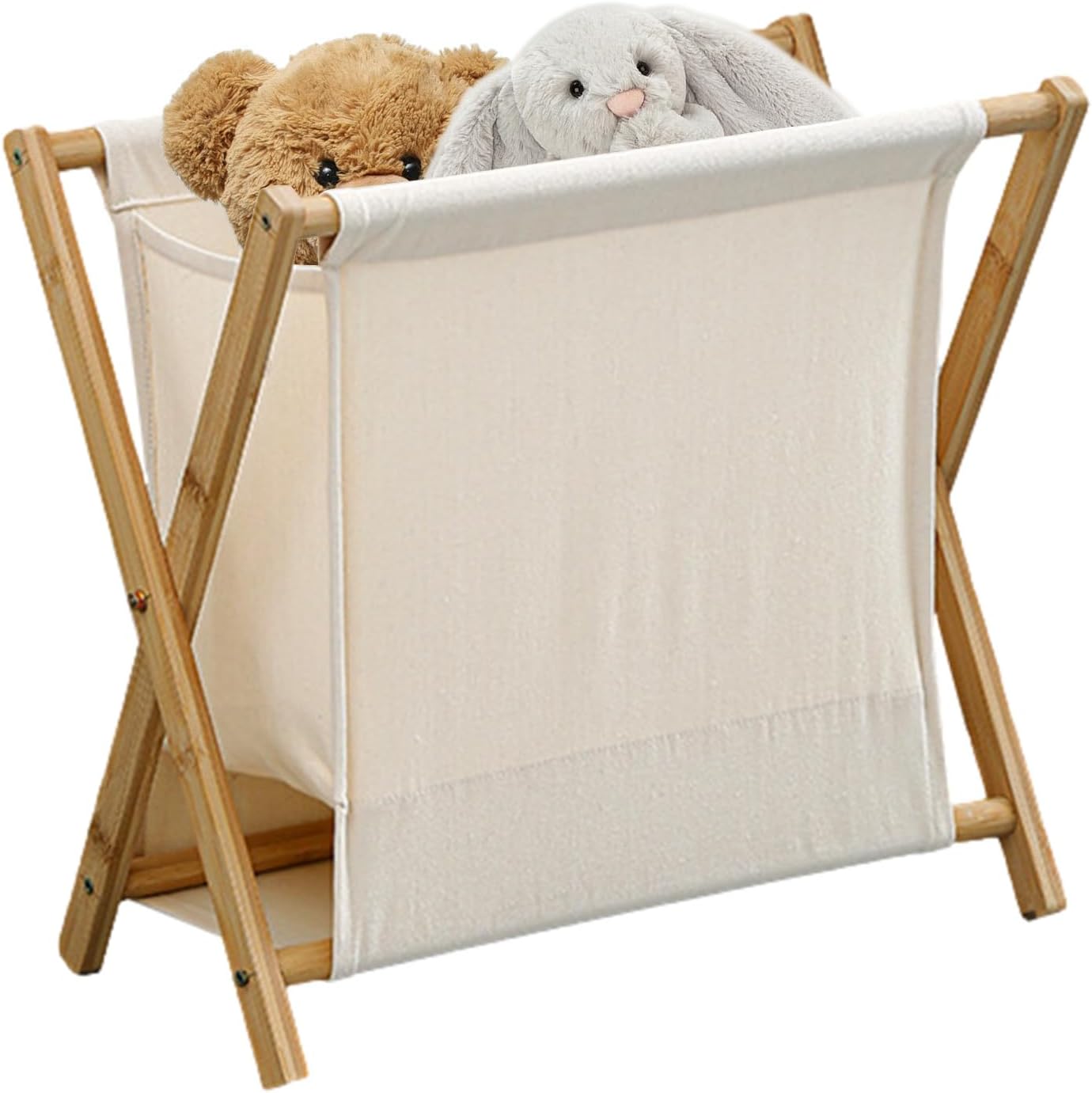 Laundry Basket - Wooden X Frame Hamper, Foldable Clothes Organizer | Cotton Linen Laundry Bag with Bamboo Support, Colapsible Sorting Basket for Bedroom, Bathroom, Home Storage, Space-Saving Design