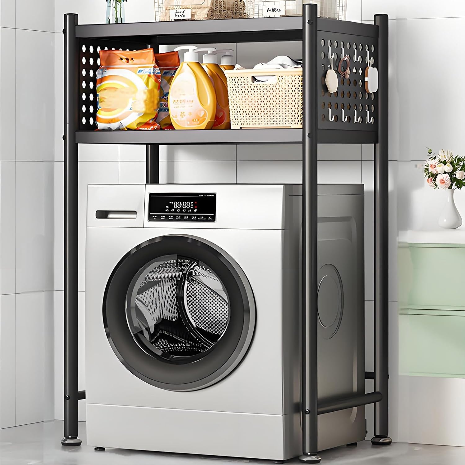 3 Tiers Over Washer and Dryer Shelves, Steel Washer-Dryer Stacking Rack Stand with Wheels, All Steel Laundry Room Organizer Standing Shelf with Perforated Board for Bathrooms, Bedroom, Balcony(Black,7