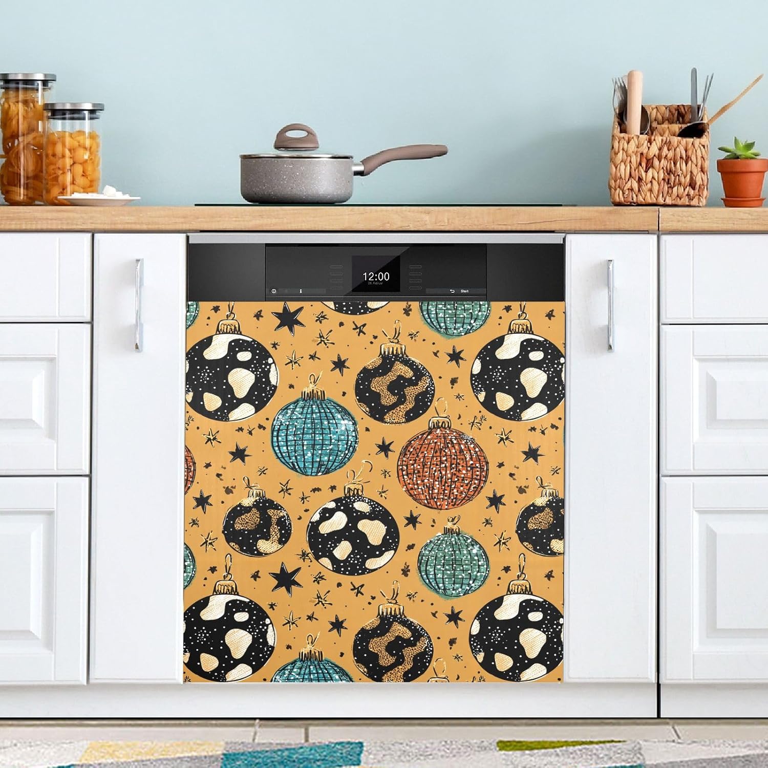 Pfrewn Christmas Winter Magnetic Dishwasher Cover Groovy Howdy Christmas Tree Balls (1) Fridge Door Covers Kitchen Decal Vinyl Panel Decorative Refrigerator Laundry Appliances 23x26in