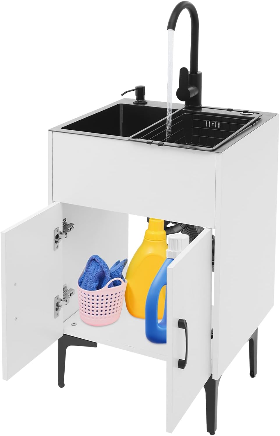 20 in Laundry Sink with Cabinet and Hot & Cold Faucet, Stainless Steel Utility Sink Cabinet, Cabinet with Sink for Laundry & Utility Room, Bathroom, Garage (White, 19.69 * 15.75 * 30.71in)