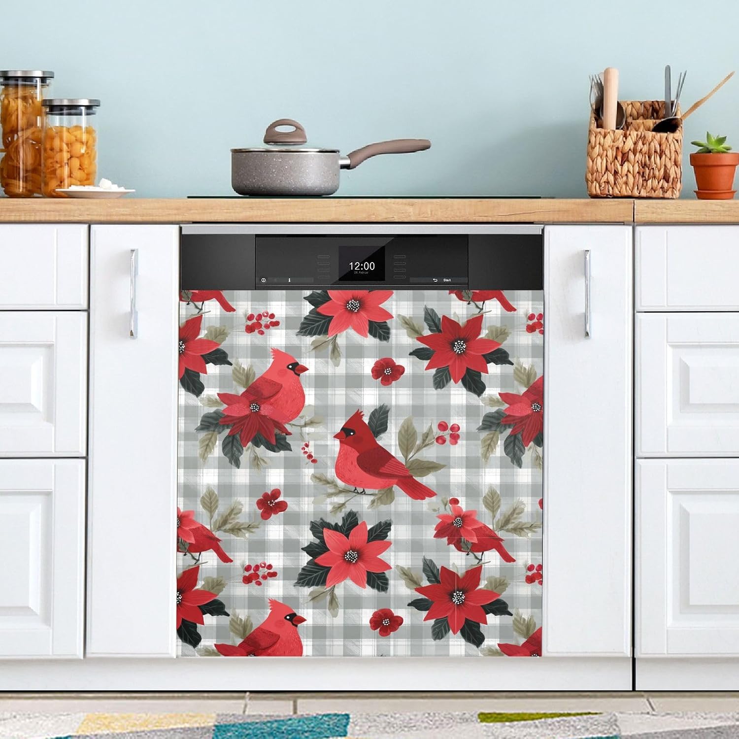 Pfrewn Christmas Winter Magnetic Dishwasher Cover Red Cardinals Poinsettia Plaid (2) Fridge Door Covers Kitchen Decal Vinyl Panel Decorative Refrigerator Laundry Appliances 23x26in