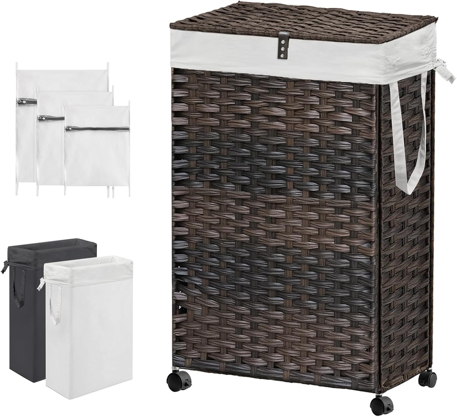 88L Slim Laundry Hamper with Wheels, 23.3 Gallon Rolling Laundry Basket with Lid, Tall and Narrow Laundry Hamper with 2 Removable Liner & 3 Mesh Bags, Laundry Sorter for Bathroom, Brown