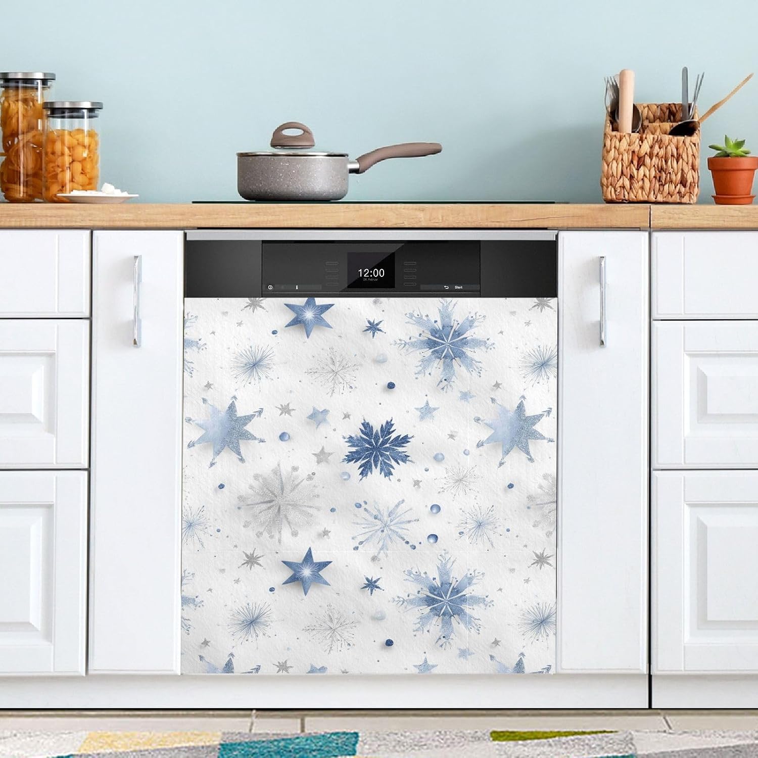 Pfrewn Christmas Winter Magnetic Dishwasher Cover Blue White Snowflakes Christmas Winter Flowers (13) Fridge Door Covers Kitchen Decal Vinyl Panel Decorative Refrigerator Laundry Appliances 23x26in