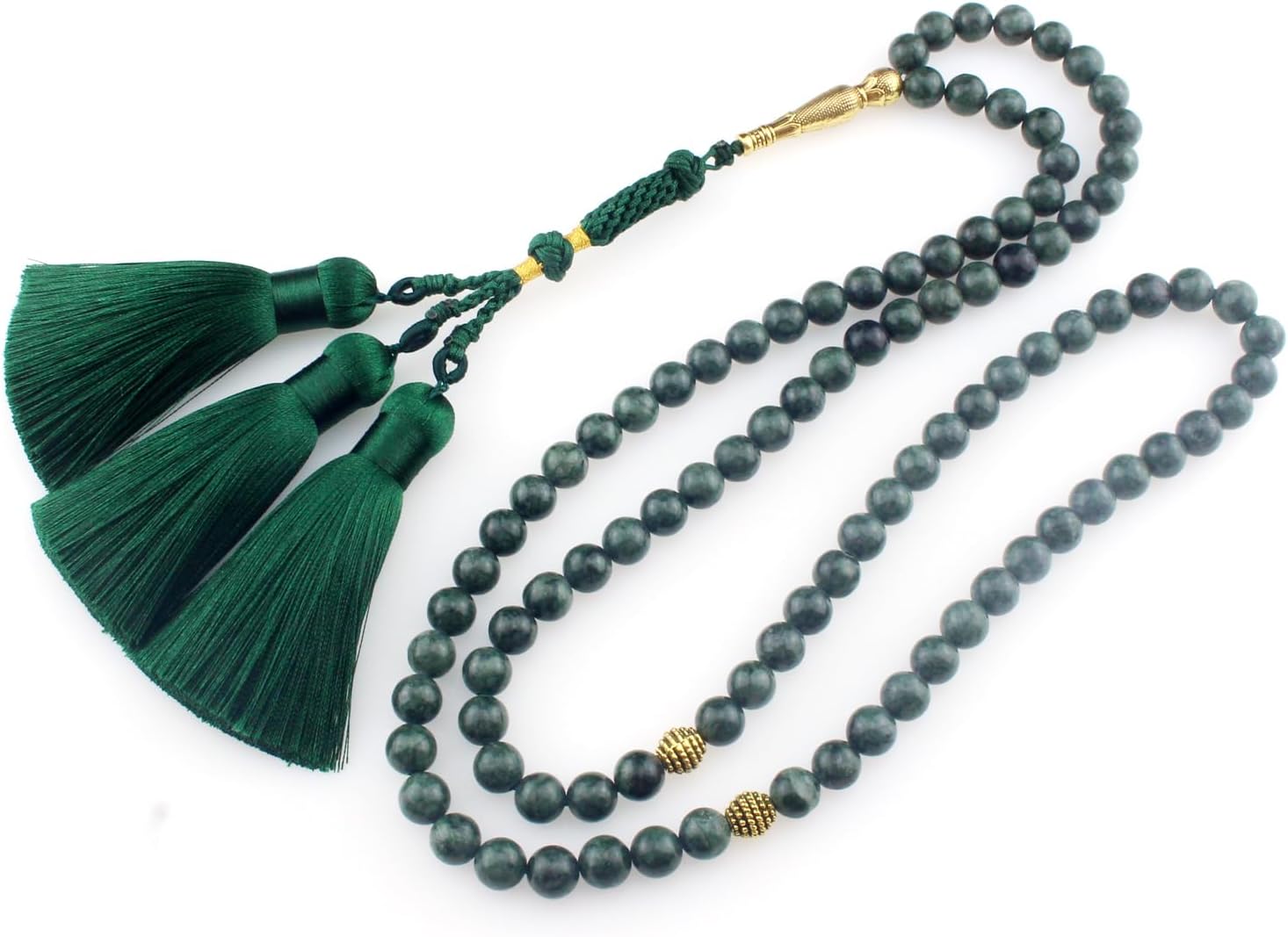 Muslims Islamic Dhikr Tasbeeh 99 Tasbih Prayer Beads, Dark Green Jade Stone Beads with Tassel