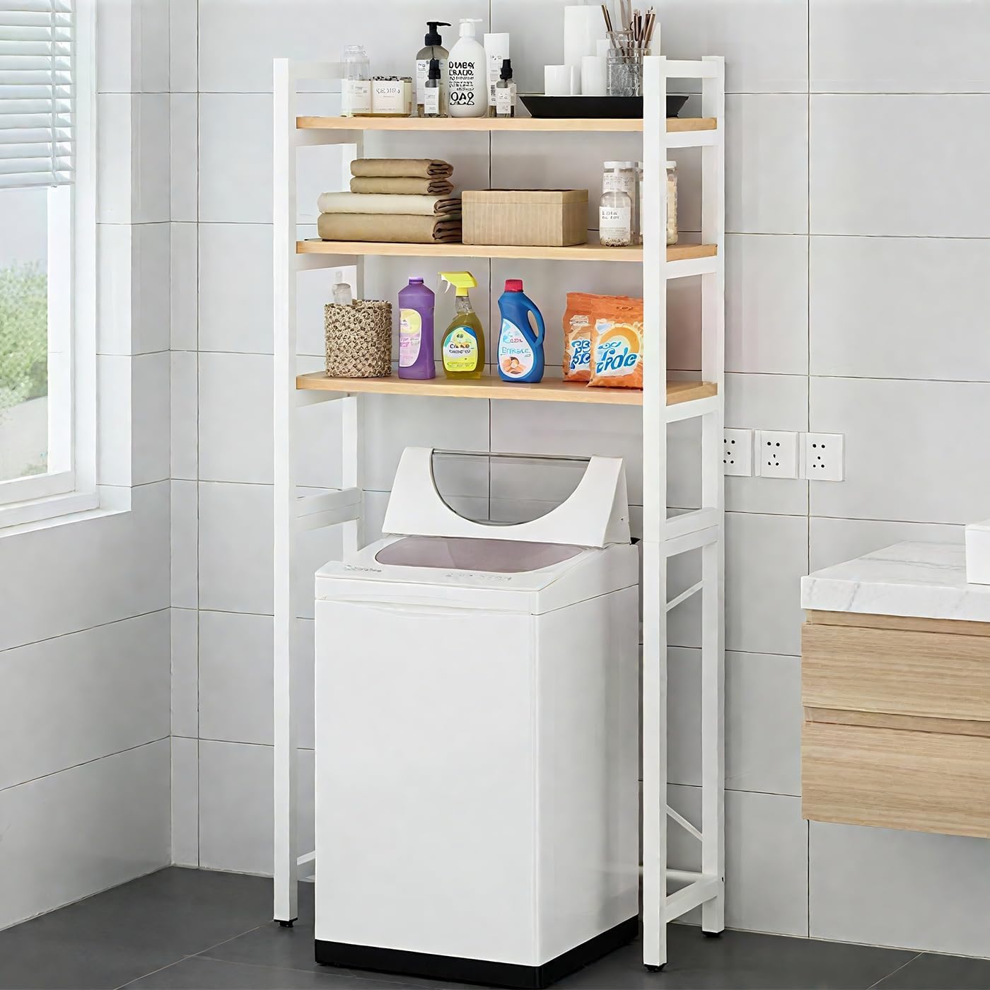 Gdrasuya10 Over The Washer and Dryer Storage Shelf for Laundry Room, 3 Tier White Washer Storage Utility Rack Shelf Laundry Storage Shelf Organizer Space Saving for Room