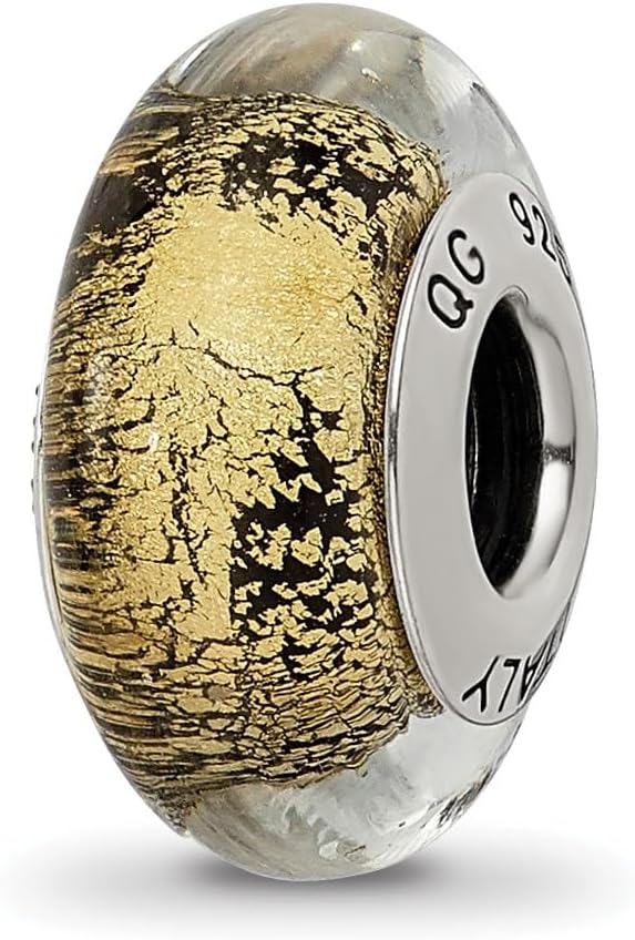 Solid 925 Sterling Silver Reflections Black/Gold-Tone Italian Murano Glass Bead (7.3mm x 13.6mm)