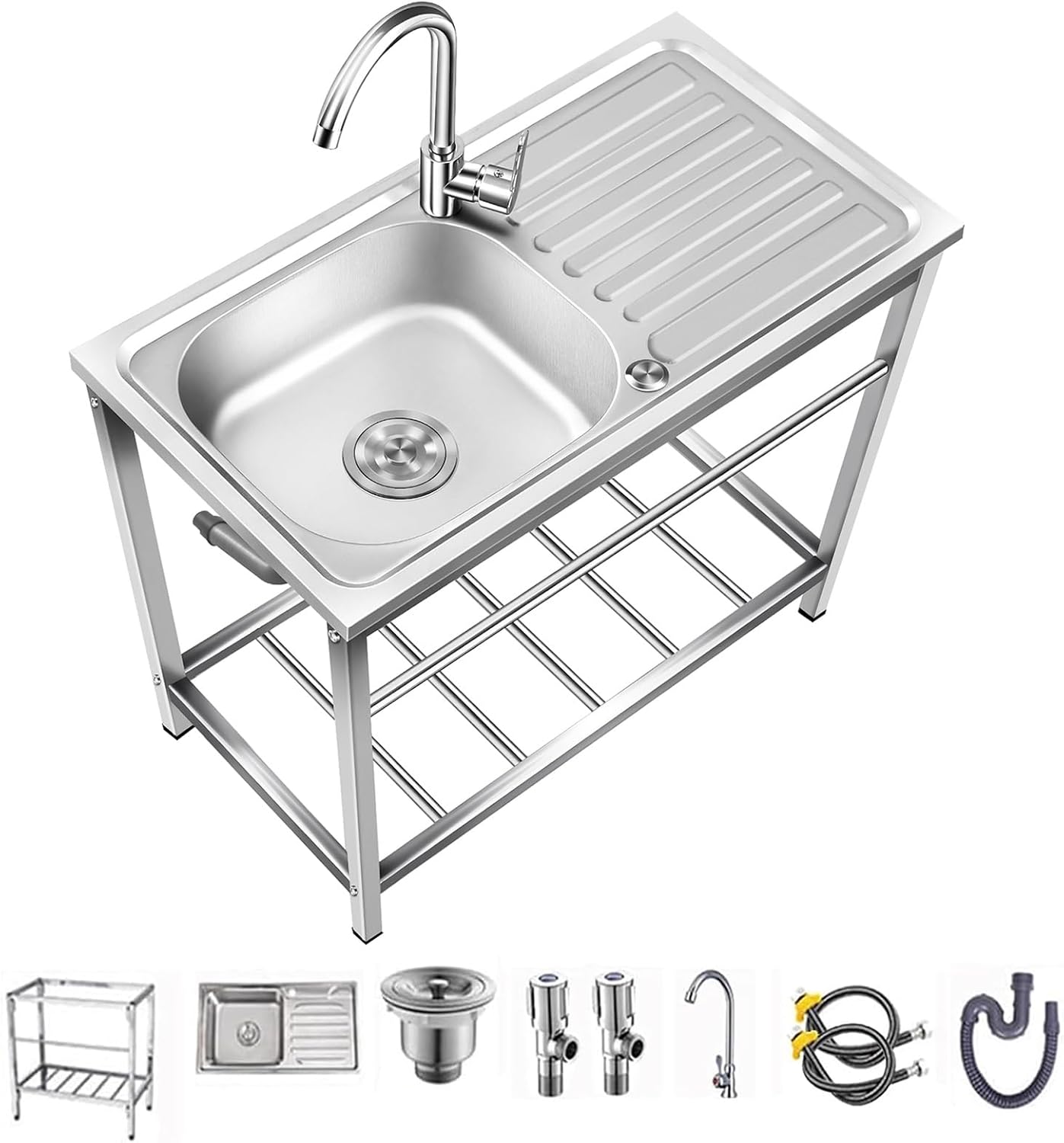 Outdoor Utility Sink,Free Standing Stainless Steel Laundry Tub, Single Bowl Portable Washing Hand Basin Station,fish Cleaning Table&Storage Shelves for Garage, Restaurant, Kitchen,Camping, Backyard